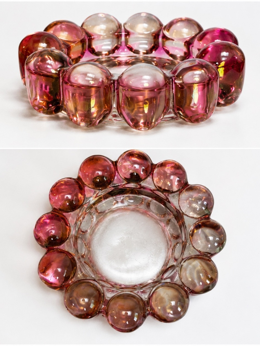 Vintage Pink Bubble Glass Candle Holder Scandinavian Style Art Glass Mid-Century